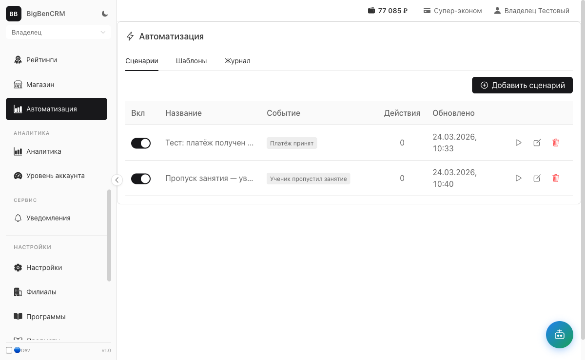 Список сценариев